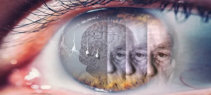 Olho com sobreposição de cérebro, neurônios e rosto de uma pessoa idosa