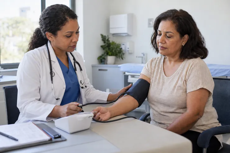 Médica aferindo a pressão arterial de uma mulher durante uma avaliação em consultório.
