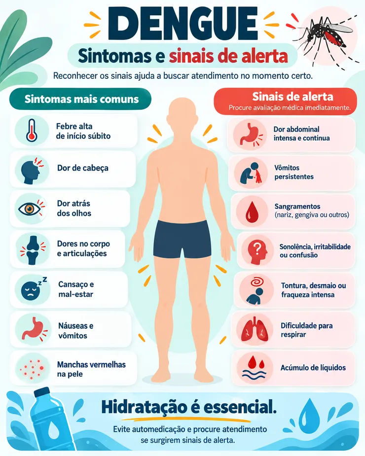Infográfico sobre dengue: sintomas comuns, como febre, dores e manchas na pele, e sinais que exigem atendimento imediato, como dor abdominal intensa, vômitos persistentes, sangramento, alteração da consciência, desmaio e dificuldade para respirar.