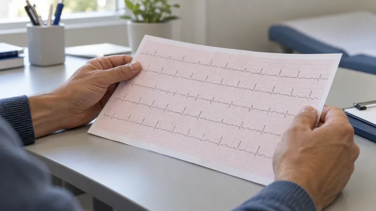 Mãos de uma pessoa segurando um traçado de eletrocardiograma impresso em papel milimetrado, em um consultório