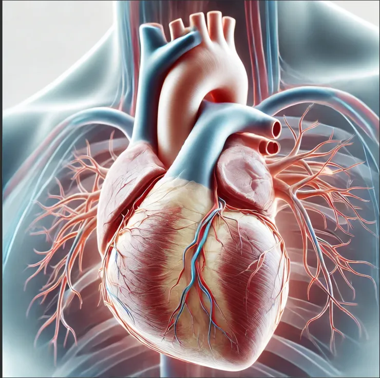 Ilustração médica detalhada do coração humano mostrando átrios, ventrículos e vasos sanguíneos, com foco na anatomia precisa e realista do sistema cardiovascular