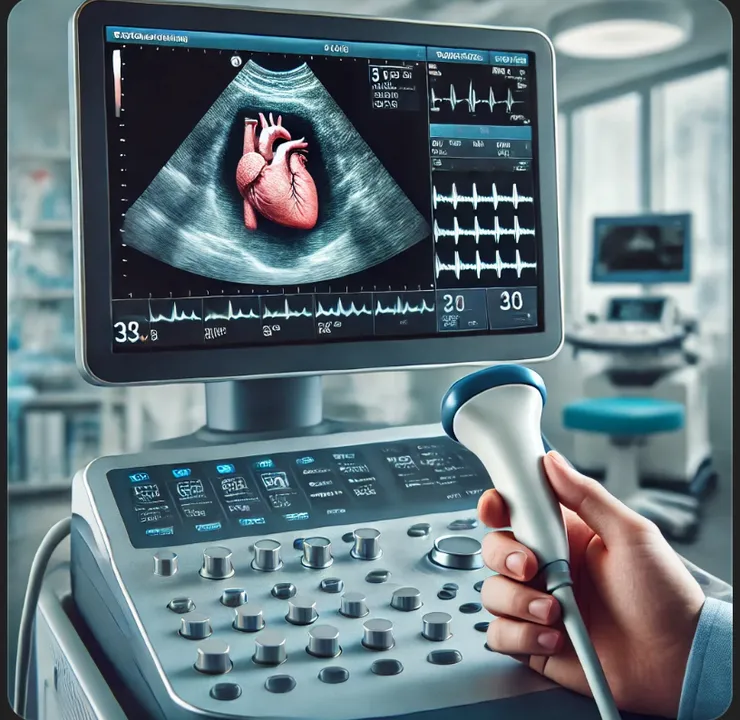 Paciente em uma clínica médica realizando um ecocardiograma. A tela da máquina de ultrassom exibe uma imagem detalhada do coração em movimento. O ambiente é moderno e profissional, destacando a importância do diagnóstico cardíaco. Imagem gerada por inteligência artificial.
