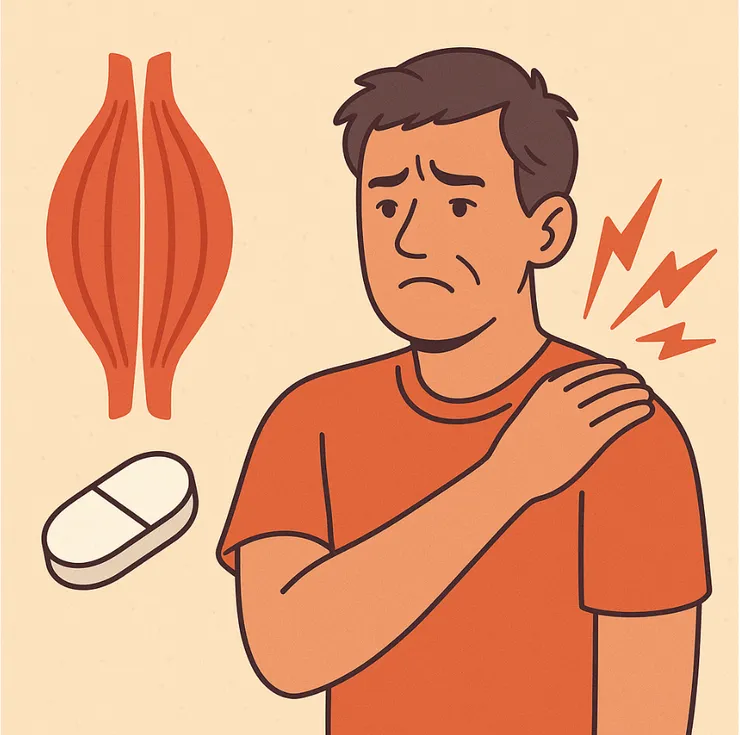 Ilustração médica mostrando um homem com expressão de dor no ombro, segurando o braço, ao lado de um comprimido branco e um desenho de fibras musculares em vermelho, simbolizando dor muscular associada ao uso de estatinas