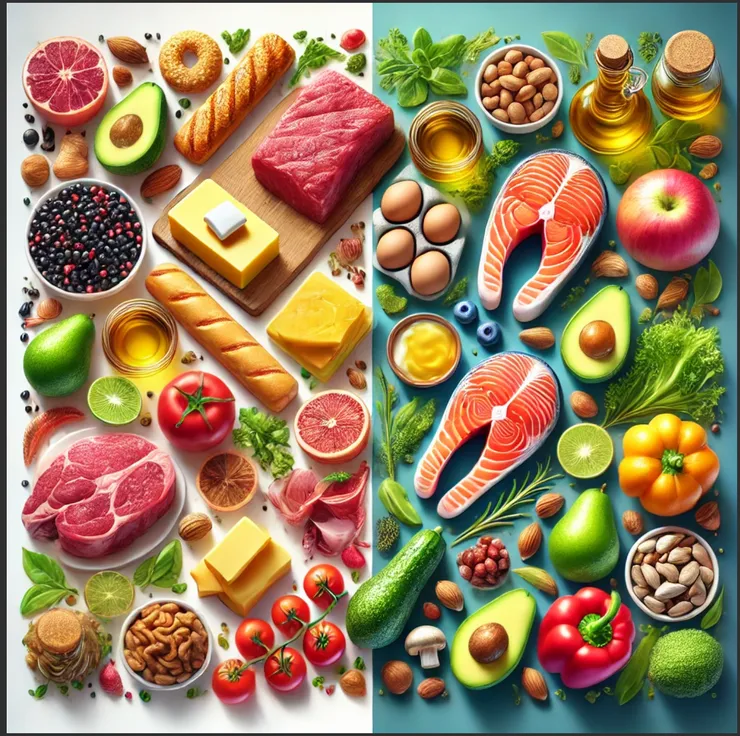 Comparação visual de alimentos ricos em gorduras saudáveis e não saudáveis, destacando fontes de gorduras monoinsaturadas e poli-insaturadas, como abacate, nozes e salmão, e alimentos ricos em gorduras saturadas e trans, como frituras, margarina e carnes processadas.