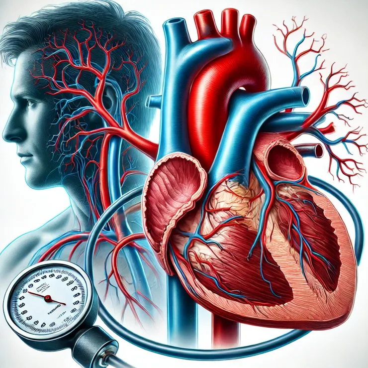 Ilustração detalhada mostrando a progressão da hipertensão para a insuficiência cardíaca. A imagem apresenta um coração humano com artérias sob pressão, evidenciando o esforço extra que o coração realiza devido à pressão alta. Uma parte do coração está aumentada, representando a hipertrofia, enquanto outra parte mostra músculos cardíacos enrijecidos, representando a insuficiência cardíaca