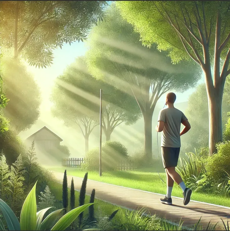 Pessoa praticando exercício leve ao ar livre, caminhando em um caminho rodeado por árvores e vegetação. O cenário é tranquilo, com céu claro e luz suave do sol, representando uma atmosfera saudável e relaxante, ideal para ilustrar os benefícios dos exercícios para pacientes hipertensos.