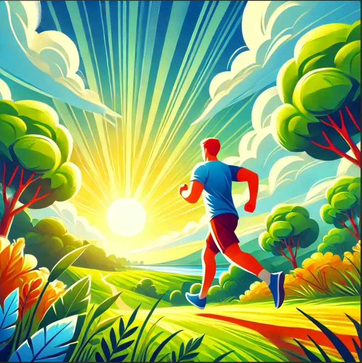 Ilustração vibrante de uma pessoa correndo em uma trilha ao ar livre, cercada por vegetação verde e céu ensolarado, simbolizando saúde cardiovascular e a importância do exercício físico regular para o bem-estar do coração