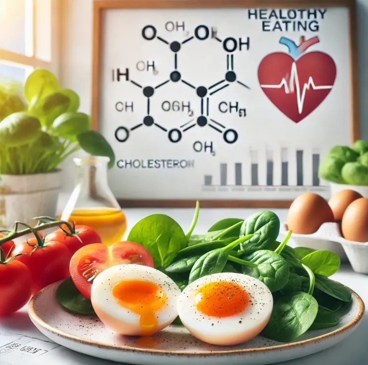 Prato saudável com dois ovos e vegetais frescos, representando uma alimentação equilibrada e o impacto dos ovos no colesterol
