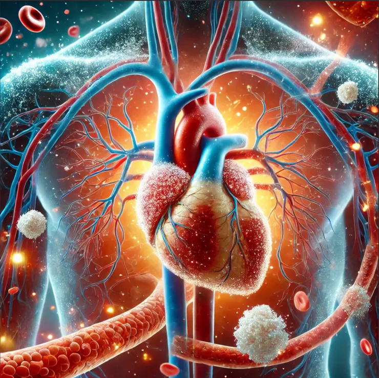 Ilustração mostrando a relação entre diabetes e doenças cardiovasculares. A imagem apresenta um coração humano e vasos sanguíneos com moléculas de glicose sobrepostas, representando o impacto da diabetes nas artérias, com destaque para o acúmulo de placas que causa aterosclerose. Ideal para conscientizar sobre os riscos da diabetes para a saúde cardíaca.