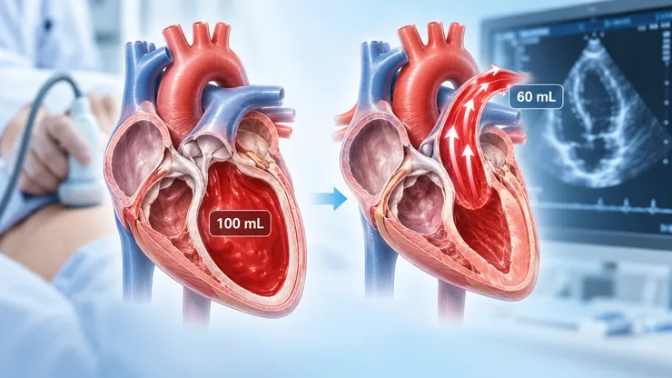 Ilustração do ventrículo esquerdo com 100 mL de sangue antes da contração e ejeção de 60 mL durante o batimento.