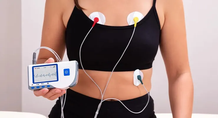 Mulher com três eletrodos de Holter no peito segurando o gravador portátil, que mostra o traçado do eletrocardiograma.