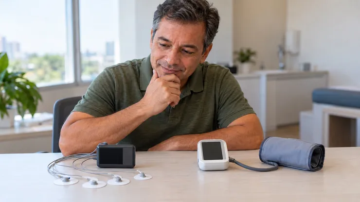Homem sentado a uma mesa de consultório, com a mão no queixo, observando com curiosidade um gravador de Holter com eletrodos e um monitor de MAPA com braçadeira.