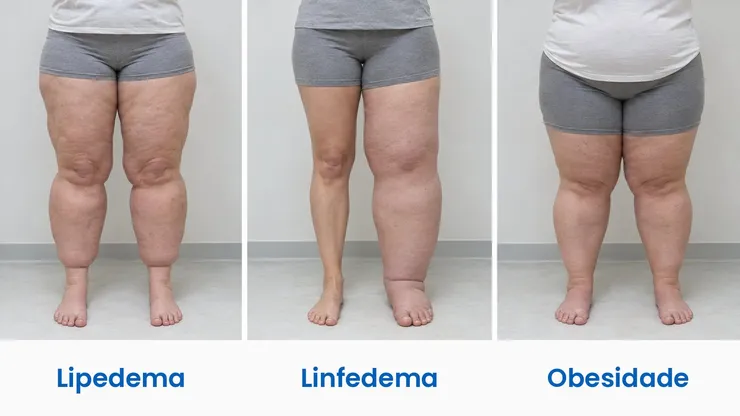 Três fotos lado a lado de pernas em pé, identificadas como Lipedema, Linfedema e Obesidade: no lipedema, pernas aumentadas de forma simétrica e pés finos; no linfedema, apenas uma perna inchada, incluindo o pé; na obesidade, aumento de volume também no abdome.