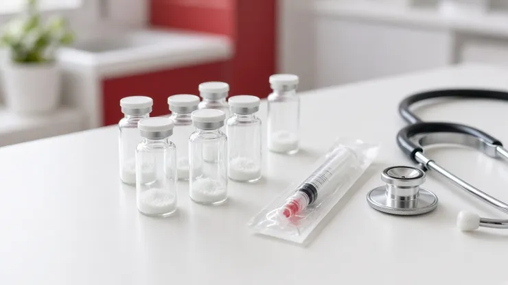 Frascos sem rótulo e seringa lacrada ao lado de um estetoscópio, representando o uso de peptídeos sem prescrição.
