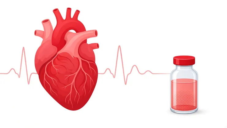 Ilustração de coração com traçado de eletrocardiograma e frasco de medicamento.