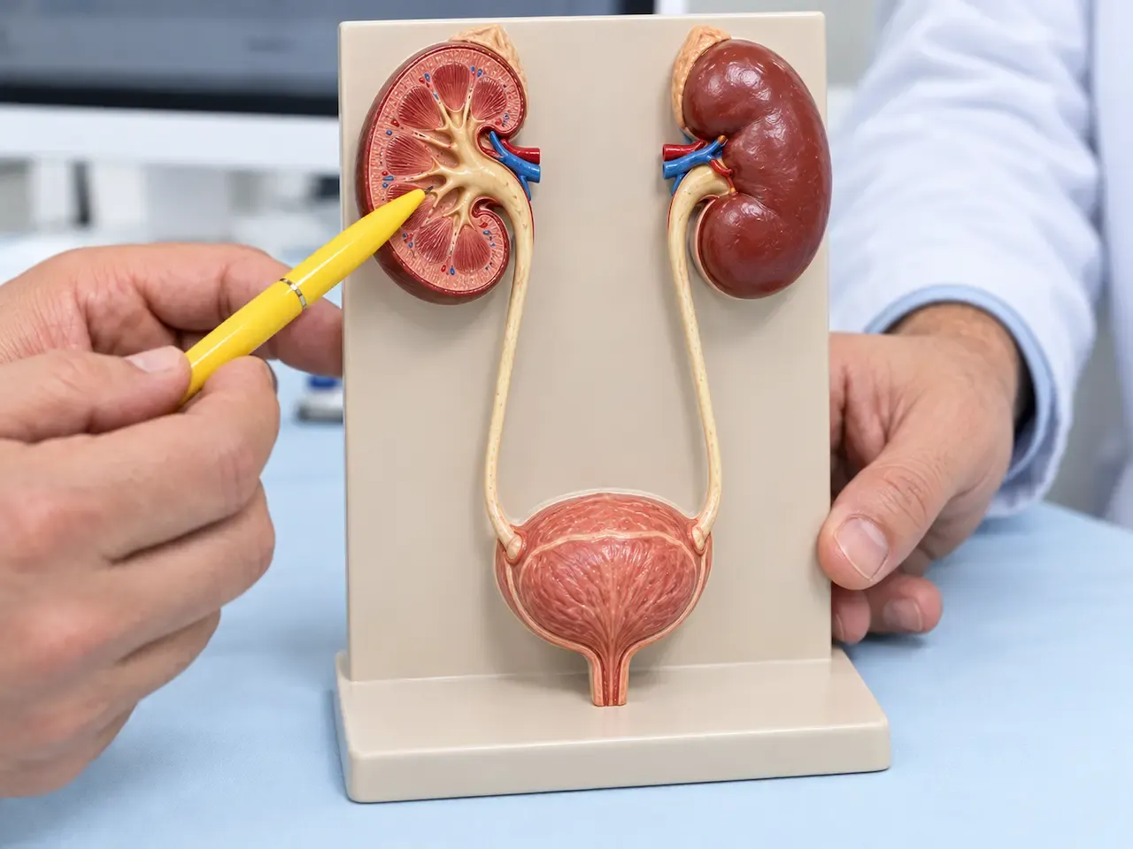 Modelo anatômico do sistema urinário, com rins, ureteres e bexiga