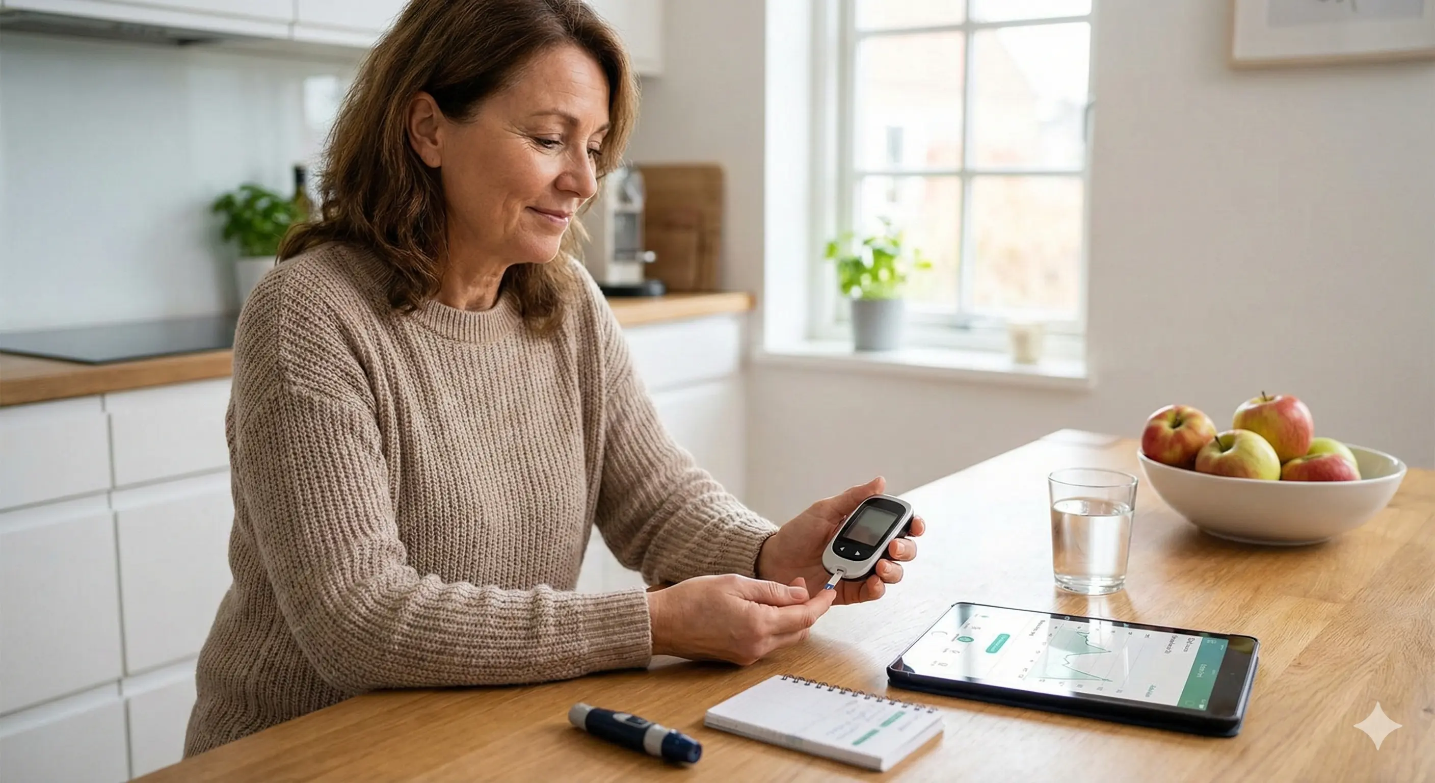 Mulher medindo glicemia em casa - automonitoramento do diabetes