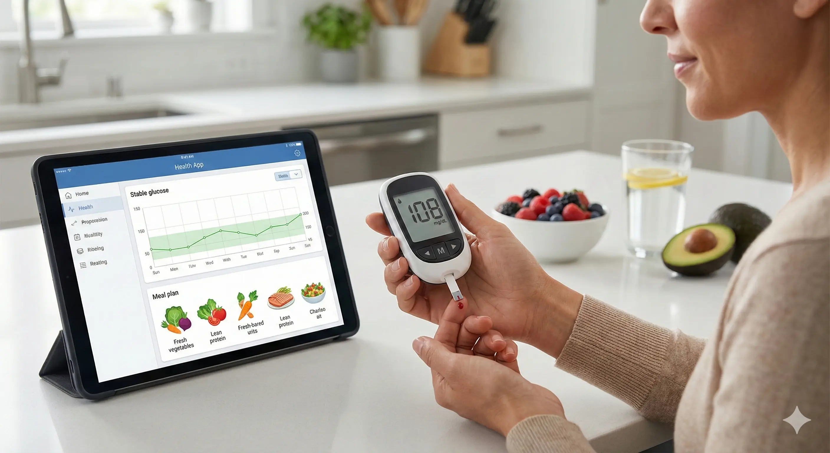Pessoa medindo glicemia com glicosímetro - monitoramento do diabetes