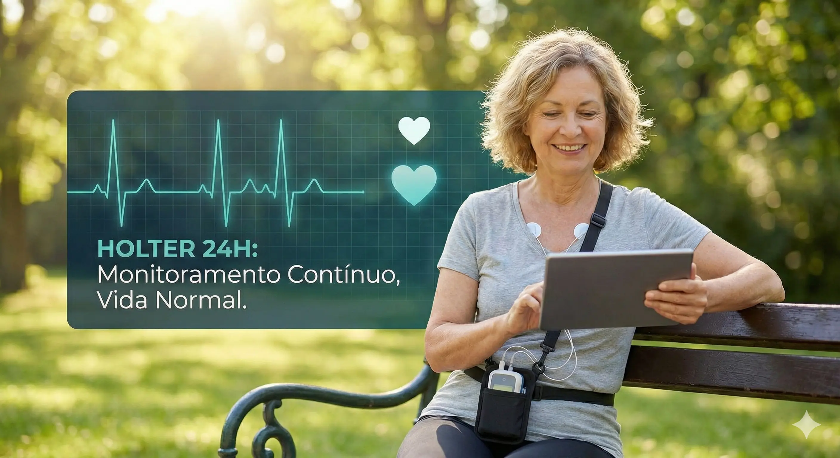 Paciente usando equipamento Holter 24 horas - monitorização cardíaca contínua
